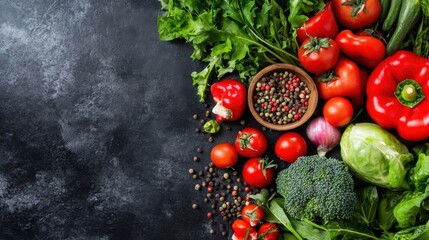 Poster - Vibrant red and green vegetables arranged on a dark stone surface, including tomatoes, peppers, broccoli, and arugula, with peppercorns scattered nearby. : Generative AI