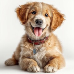 Poster - Adorable golden retriever puppy with fluffy fur, wearing a red collar and tag, lying down on a white background, looking directly at the camera with a happy expression and tongue out. : Generative AI