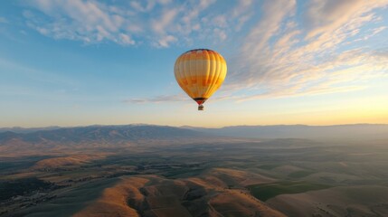 Poster - A vibrant hot air balloon ascends gracefully over a breathtaking landscape of rolling hills and distant mountains at sunrise, casting a warm golden light across the scene. : Generative AI