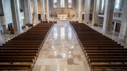 Poster - Empty pews in a grand cathedral with marble floors and stained glass windows, reflecting light. : Generative AI