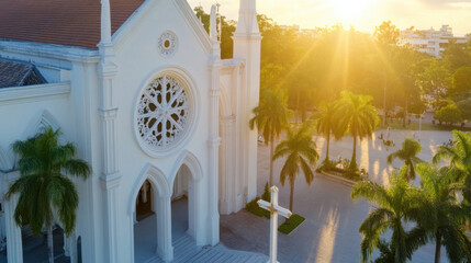 Poster - Aerial view of a majestic white church at sunset, surrounded by lush palm trees and bathed in golden sunlight. The intricate rose window and cross are prominent features. : Generative AI