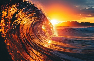 Poster - A majestic ocean wave curls at sunset, its surface ablaze with golden light reflecting off the water, creating a breathtaking spectacle against a backdrop of silhouetted mountains. : Generative AI
