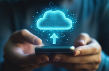 Poster - Person using smartphone to upload data to a glowing blue cloud icon, symbolizing cloud computing and digital storage. : Generative AI