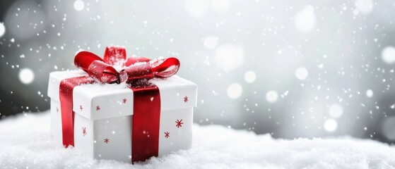 Fototapete - A snowy winter scene featuring a white gift box adorned with a vibrant red ribbon, resting gently on a bed of fresh snow. : Generative AI