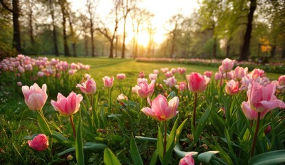 Poster - Pink tulips bathed in golden sunset light, flourishing in a vibrant park setting.  The scene evokes serenity and the beauty of springtime. : Generative AI