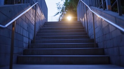 Aufkleber - Concrete stairway ascending towards a soft, warm light at dusk, metal railings on either side, creating a pathway upward. : Generative AI