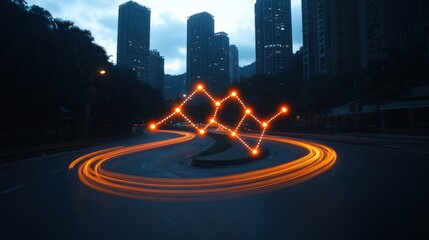Poster - An abstract glowing data graph floats above a circular road with light trails at night in a cityscape.