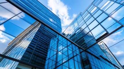 Poster - Modern glass skyscrapers reflecting a vibrant blue sky with fluffy clouds, showcasing architectural details and a sense of upward movement and ambition. : Generative AI
