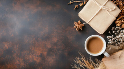 Aufkleber - Aromatic Coffee, Gift, and Dried Flowers on Rustic Brown Surface: Flat Lay Photography : Generative AI