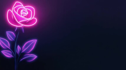 Poster - neon rose on dark background with glowing bright petals and leaves, artistic floral design for moder