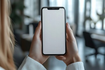 Poster - Woman's hands holding a smartphone with a blank screen, indoors, in a modern office setting.  The device is positioned vertically, showcasing a clean, minimalist aesthetic. : Generative AI