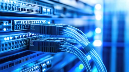 Aufkleber - Close-up view of fiber optic cables connected to a network server, showcasing the intricate details of data transfer technology. : Generative AI