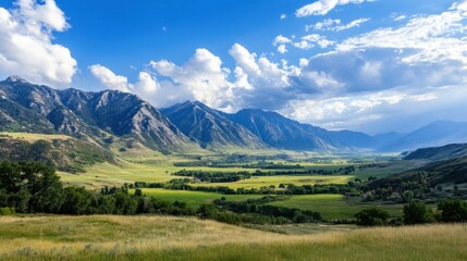 Leinwandbilder - Scenic valley landscape with majestic mountains under a vibrant blue sky, showcasing lush green meadows and a tranquil atmosphere. : Generative AI