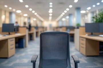 Fototapete - Empty office chair in a modern, spacious coworking space with blurred background of desks and computers, suggesting a quiet workday. : Generative AI