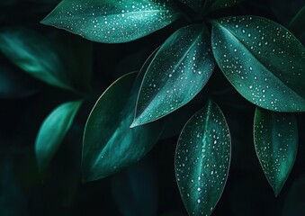 Poster - Close-up view of lush, dark green leaves glistening with morning dew, showcasing intricate leaf veins and water droplets. : Generative AI