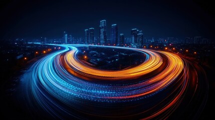 Poster - Orange and blue light streaks flow dynamically around a modern cityscape at night, generating bright energy.