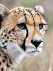 Poster - Close-up portrait of a cheetah, showcasing its intense gaze and distinctive spots. The animal's fur is a blend of tan, black, and white, highlighting its natural beauty. : Generative AI