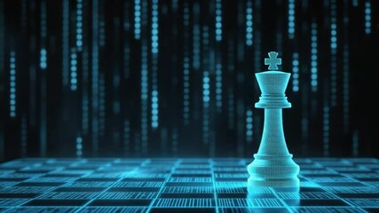Poster - Futuristic Chess Board with Neon Lights and Glossy Black King Piece on a Digital Background 4k video footage