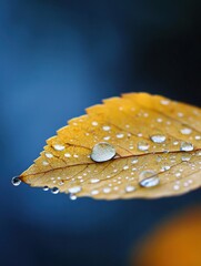 Aufkleber - Close-up of a single autumn leaf, glistening with numerous water droplets, set against a blurred deep blue background. The leaf's texture and the water's clarity are beautifully highli : Generative AI