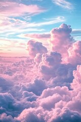 Aufkleber - Aerial view of a breathtaking sunset sky filled with fluffy, pastel pink and purple clouds, creating a dreamy, ethereal atmosphere. : Generative AI