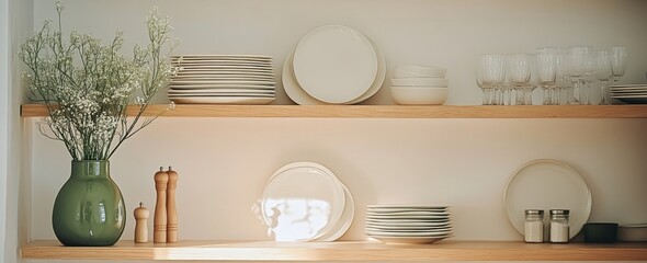 Poster - Stylish kitchen shelving with minimalist white plates, glassware, and a green vase of baby's breath flowers, bathed in soft sunlight. : Generative AI