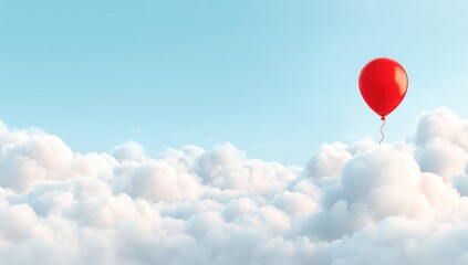 Poster - Single red balloon floats above a sea of fluffy white clouds against a pale blue sky, conveying a sense of freedom and hope. : Generative AI