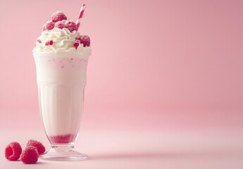 Poster - Delicious raspberry milkshake with whipped cream and sugared raspberries, served in a tall glass on a pink background. : Generative AI