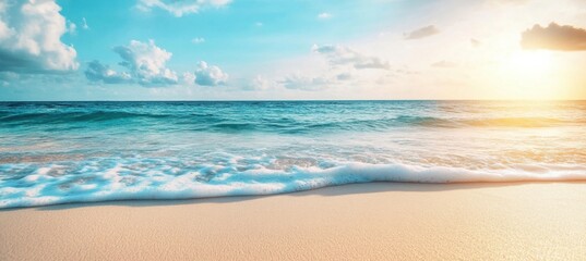 Leinwandbilder - Serene sunset over a tropical beach with gentle waves lapping the golden sand, creating a peaceful and idyllic coastal scene. : Generative AI