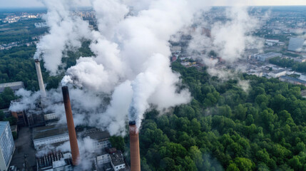 Fototapete - Aerial view of industrial smokestacks emitting thick plumes of white smoke over a green forest and urban cityscape, showcasing environmental concerns. : Generative AI