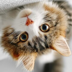Poster - Playful kitten upside down, curious gaze, brown tabby fur, white chest, big amber eyes, fluffy fur, adorable pet, feline, domestic cat, close up portrait. : Generative AI