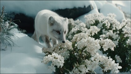 Aufkleber - Arctic fox delicately sniffing white flowers amidst snowy landscape, showcasing its pristine white fur against a backdrop of winter flora. : Generative AI