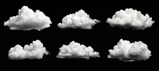 Leinwandbilder - Six individual cumulus clouds, isolated on a black background, perfect for compositing or design projects. High-resolution images ideal for graphic design and digital art. : Generative AI