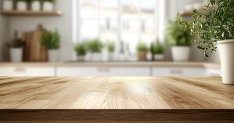 Leinwandbilder - Empty light wood kitchen table with blurred background of modern kitchen and plants in pots, ideal for product placement or food photography. : Generative AI