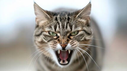 Aufkleber - A fierce tabby cat with green eyes bares its teeth in a close-up portrait, showcasing its sharp fangs and intense expression. : Generative AI