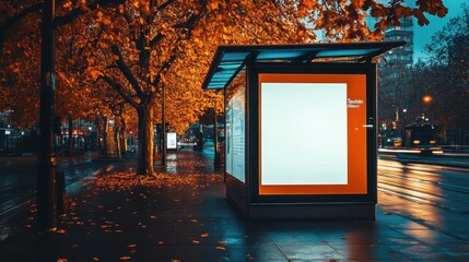 Aufkleber - Blank advertising billboard in a city bus stop at night, surrounded by autumn trees with orange leaves and wet pavement reflecting city lights. : Generative AI