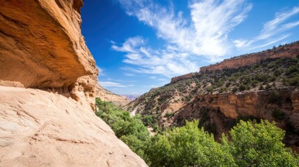 Poster - A scenic canyon view reveals towering sandstone cliffs, lush green vegetation, and a vibrant blue sky dotted with fluffy white clouds, creating a breathtaking natural landscape. : Generative AI
