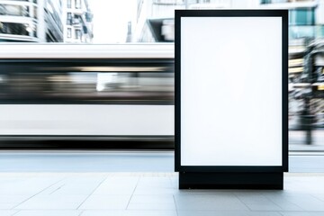 Aufkleber - Blank billboard advertisement mockup on city street with blurred bus in motion, ideal for urban advertising campaign. : Generative AI
