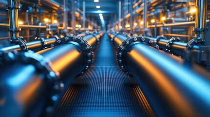 Poster - Industrial pipeline system: a detailed view of large diameter pipes, metallic flanges, and a grid metal floor, illuminated with warm and cool lighting. : Generative AI