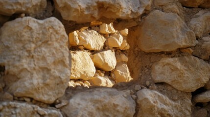 Aufkleber - Sunlight illuminates a gap in an ancient stone wall, revealing the rough-hewn texture and warm, golden hues of the aged masonry. : Generative AI