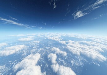 Aufkleber - A breathtaking aerial view reveals a vast expanse of fluffy white clouds blanketing a snow-capped mountain range under a vibrant blue sky dotted with stars. : Generative AI