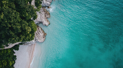 Poster - Aerial view of a secluded beach nestled between lush green cliffs and a vibrant turquoise sea, showcasing the tranquil beauty of a hidden coastal paradise. : Generative AI