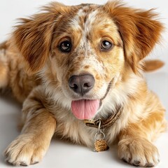 Poster - Adorable golden-red puppy with white markings lies down, tongue out, wearing a leather collar with a tag, against a white background.  The dog's happy expression and soft fur are highl : Generative AI