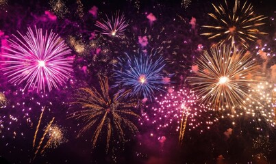 Aufkleber - Vibrant fireworks display illuminating the night sky with dazzling bursts of pink, purple, and gold, creating a spectacular celebratory scene. : Generative AI