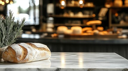 Poster - Artisan sourdough bread loaf rests on marble countertop, rosemary sprig nearby, bakery background blurred. : Generative AI