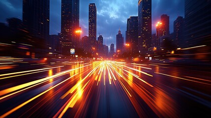 Poster - Glowing streaks of light blur on city streets du night under a dark blue skyline filled with skyscrapers.