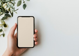 Poster - A hand holds a smartphone with a beige screen, showcasing a minimalist workspace aesthetic with greenery nearby. : Generative AI
