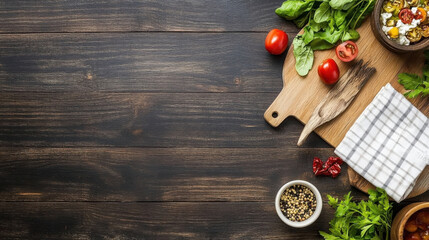 Aufkleber - Overhead shot of rustic wooden table with assorted cooking ingredients: tomatoes, herbs, spices, and wooden cutting board. : Generative AI