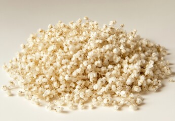 Aufkleber - A large pile of dried baby's breath flowers sits on a white surface, showcasing their delicate, creamy white blossoms and slender stems. : Generative AI