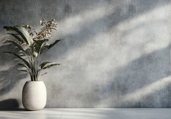 Leinwandbilder - A large, tropical plant in a light beige oval pot sits against a textured gray wall, bathed in soft sunlight creating dramatic shadows. : Generative AI