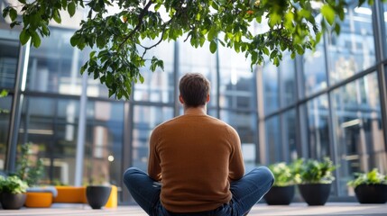 Leinwandbilder - A young man sits cross-legged, meditating outdoors beneath a tree, with a modern glass building in the background. : Generative AI